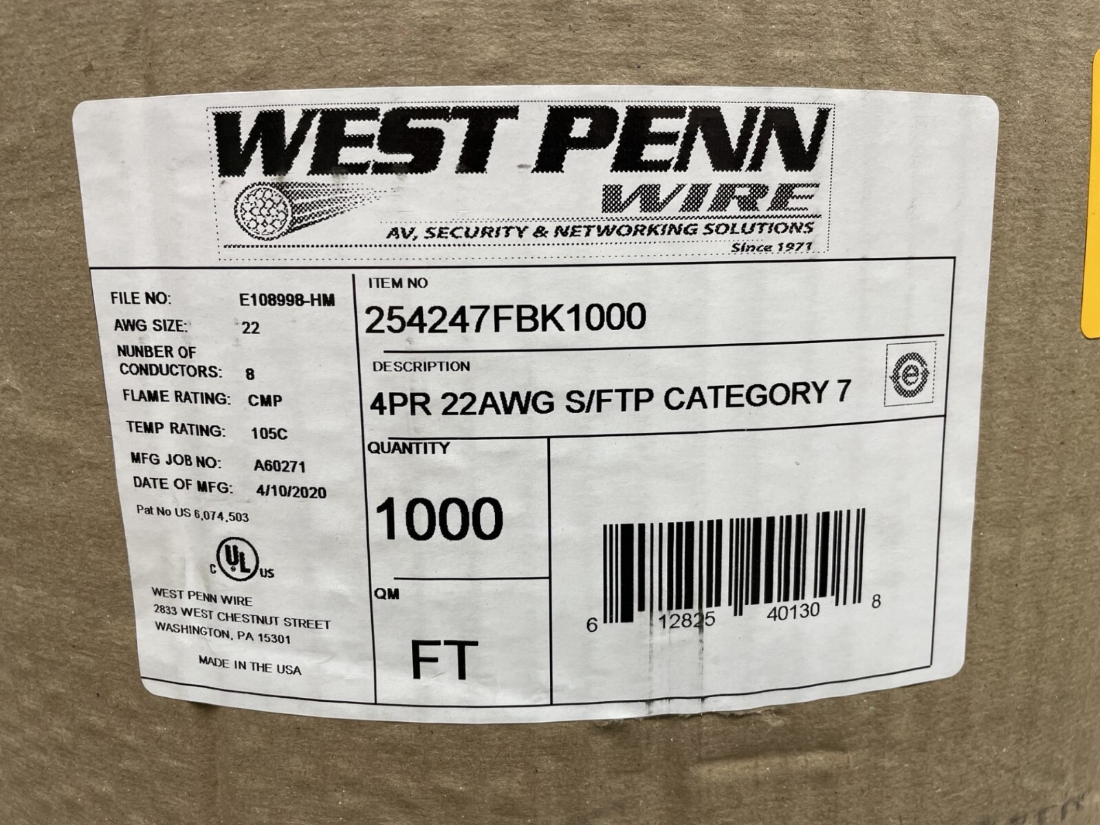 West Penn 254247F CAT7 Category 7 4-Pair 22AWG 1000′ Spool Flexible Plenum Cable