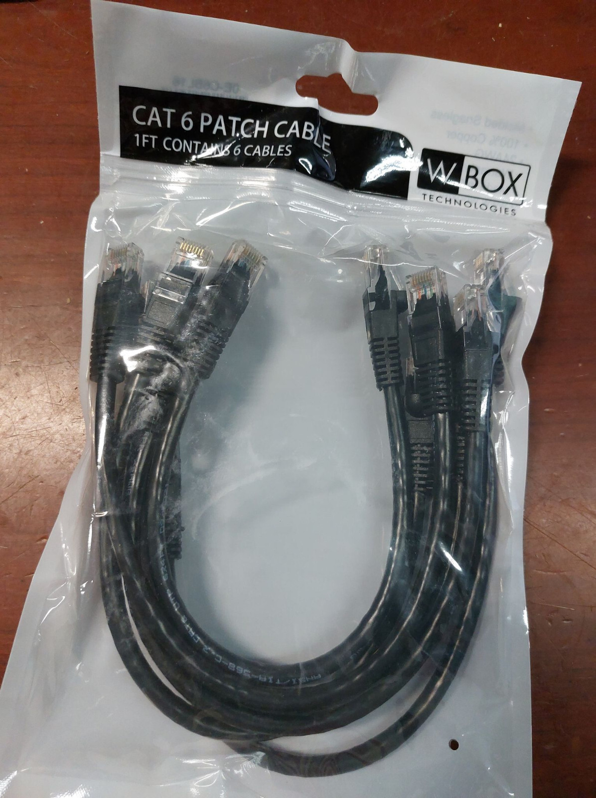 W Box 0E-C6BK16 CAT6 Patch Cable, RJ 45 Male, 1′ (0.3m), 24AWG, Black, 6-Pack