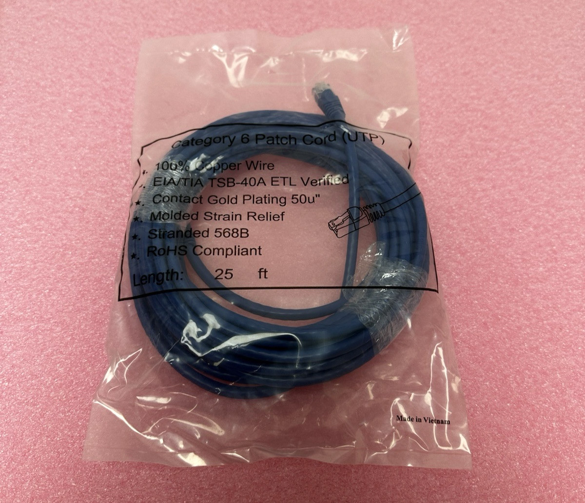 Category 6 Patch Cord – EIA/TIA/ETL Verified – 25 ft. New box of 40