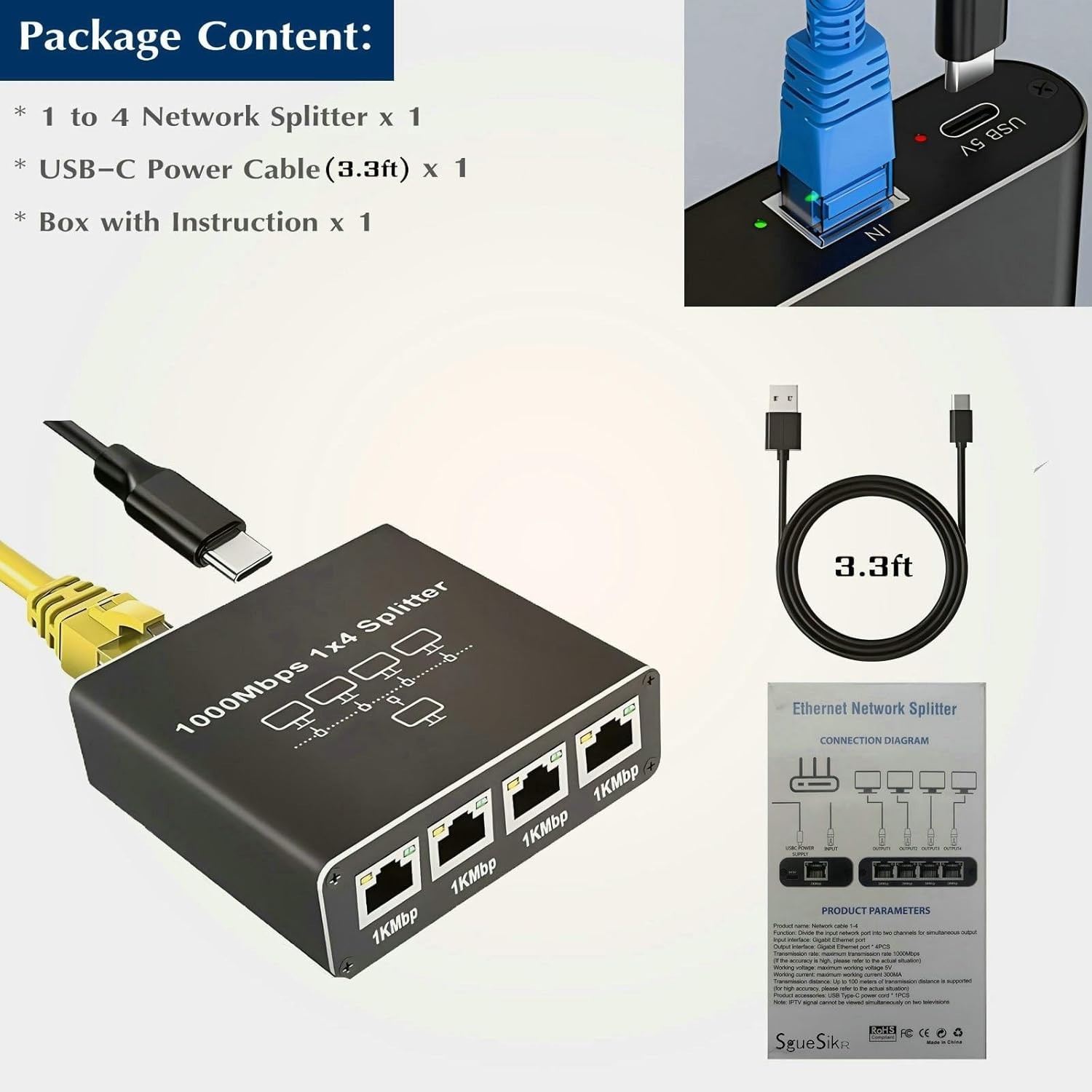 RJ45 Gigabit Ethernet Splitter 1000Mbps LAN Network Internet 1-IN-4-OUT Adapter