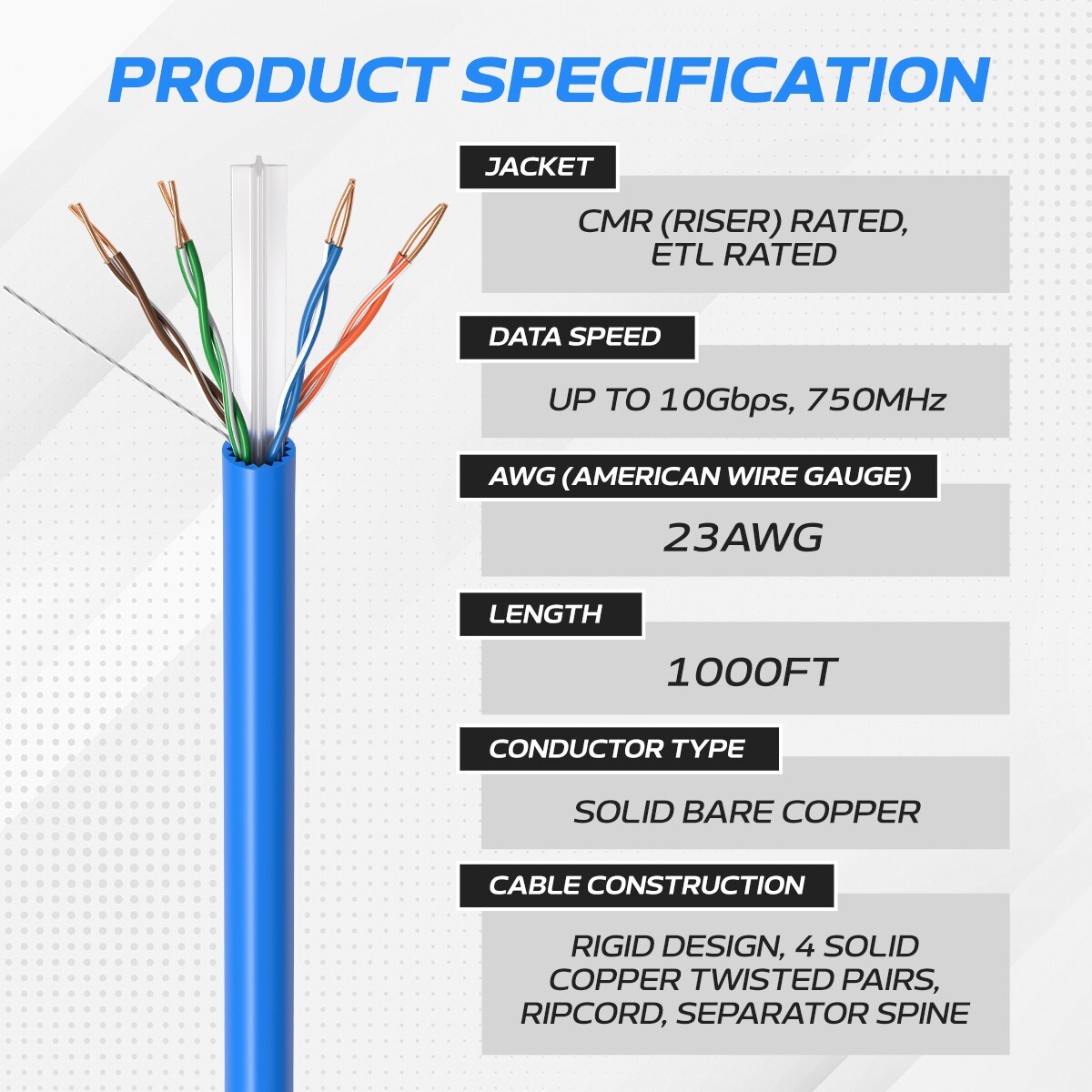 1000ft RED CAT6A UTP Solid Copper Ethernet Cable 23AWG 10Gbps High-Speed Wire