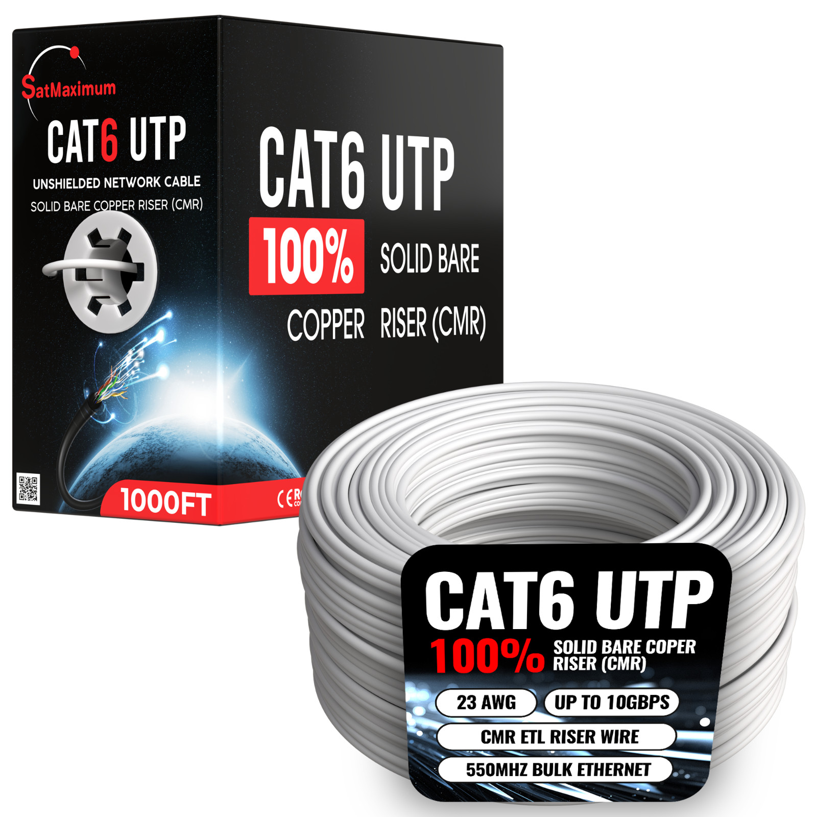 Cat 6 Solid Copper 500FT / 1000FT CMR Riser 550Mhz 23AWG Ethernet Cable