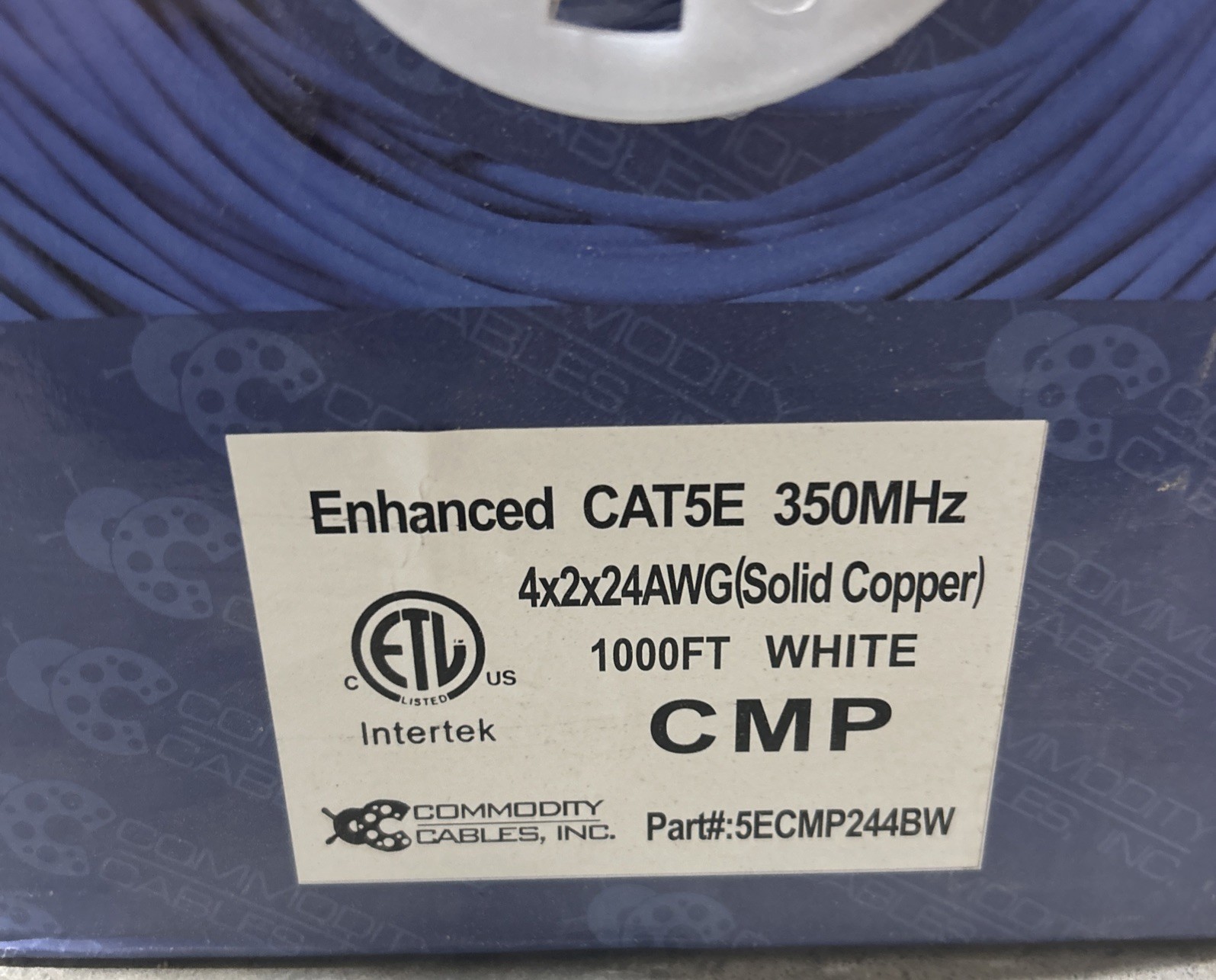 Commodity Cable Cat5e 350MHz CMR Ethernet Cable White 24AWG Solid Copper 1000 FT