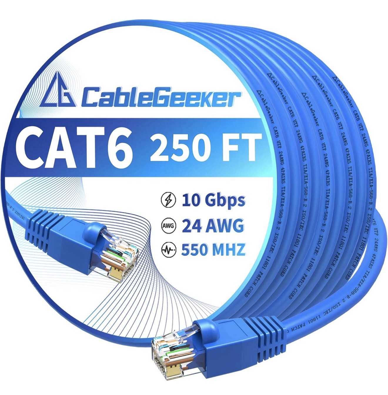 Cat 6 Ethernet Cable 250FT High Speed 10Gbps 24AWG Heavy Duty 550MHZ