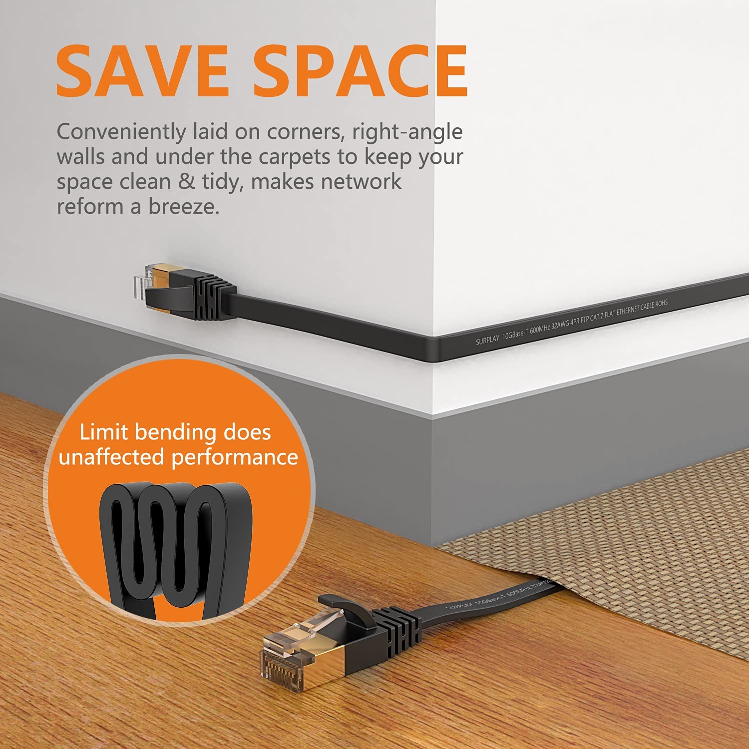 Cat7 3FT-5Pack Ethernet Cable Flat-Black-10Gbps High Speed Ultra Slim Network…