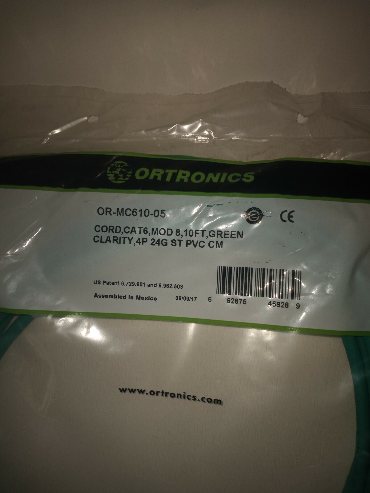 NEW ORTRONICS OR-MC610-05 CAT6 CABLE MOD 8, 10FT GREEN, CLARITY 4P 24G ST PVC CM
