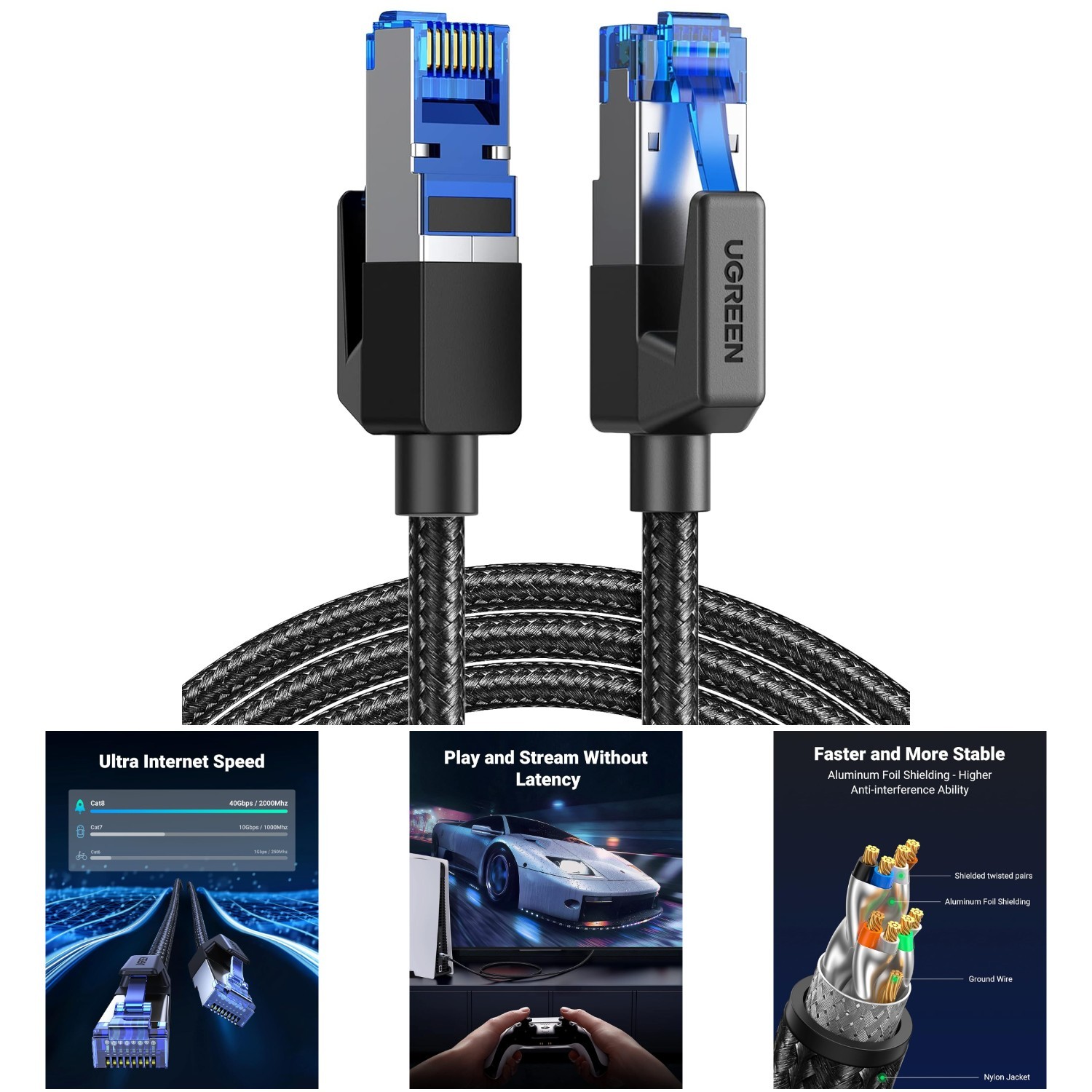 1 Pack High Speed 40Gbps Cat8 Ethernet Cable 15FT Braided Shielded Network Cord