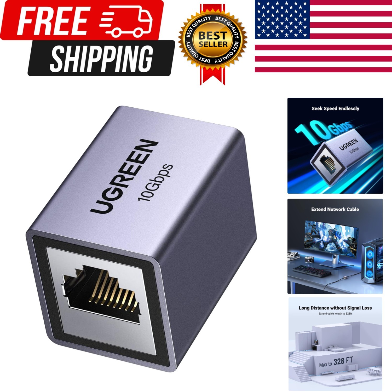 Ethernet Coupler 10Gbps, Aluminum Alloy Shell, Space Grey | 328ft Long Distan…