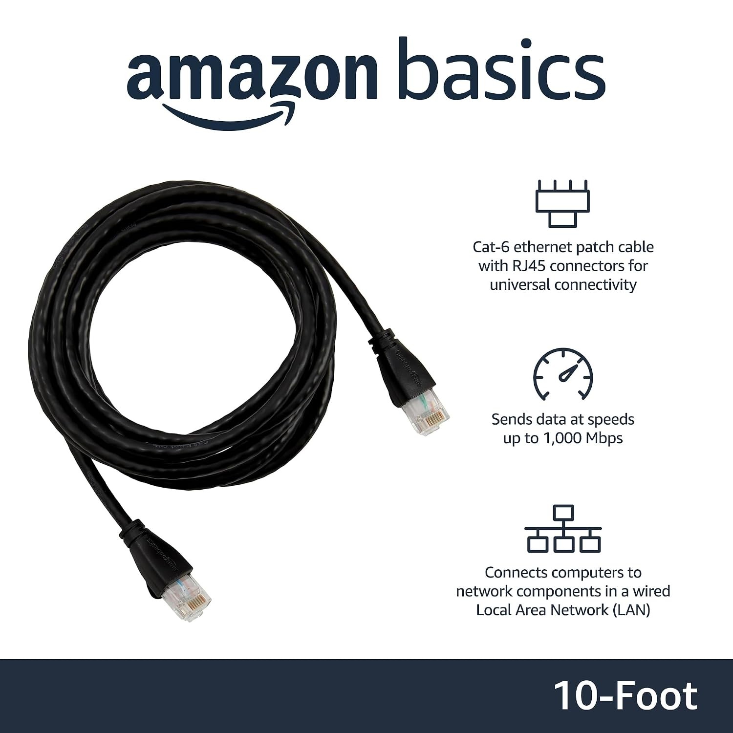 Amazon Basics RJ45 Cat-6 Ethernet Patch Cable, 1Gbps, Gold-Plated, 10 ft, PC