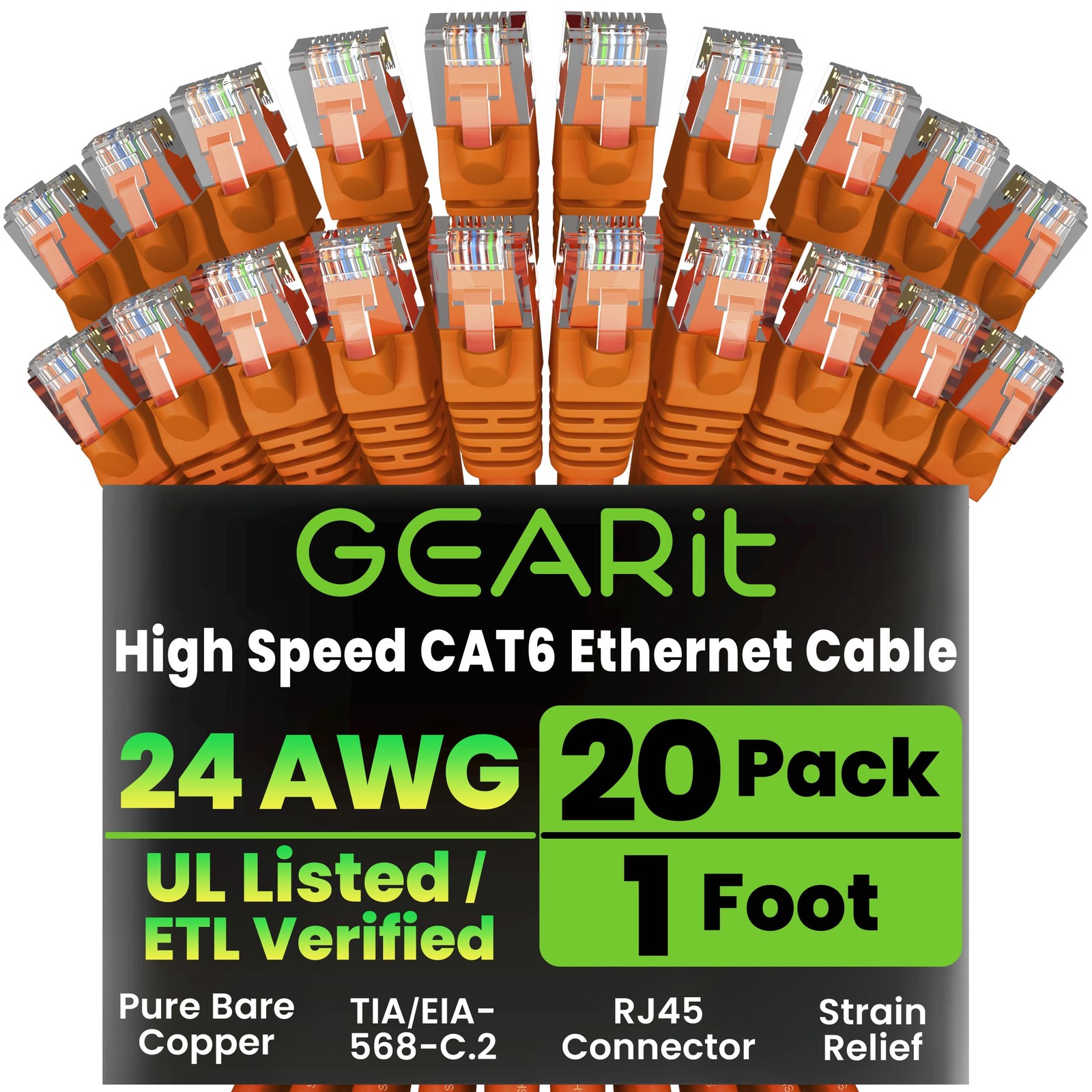 20 Pack 1 ft Orange Cat 6 Ethernet Cable 10Gbps RJ45 Snagless Network Cord