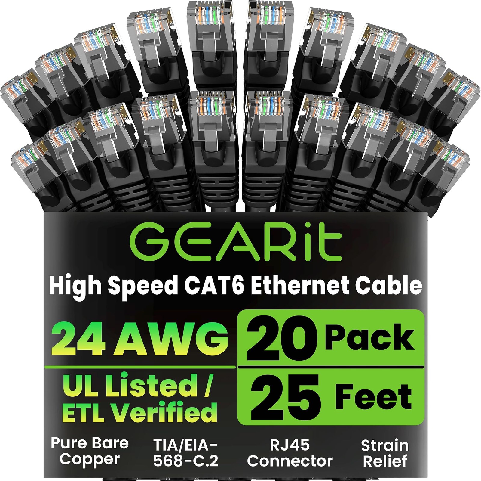 GEARit Cat 6 Ethernet Cable Pack – 20-Pack 25 ft Cat6 Ethernet Patch Cables |…