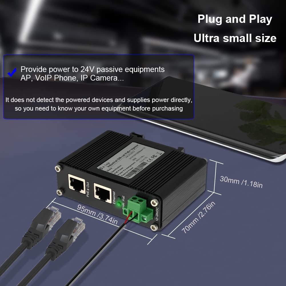 Elenzk Industrial 1000M Gigabit RJ45 24V Passive PoE Injector Black