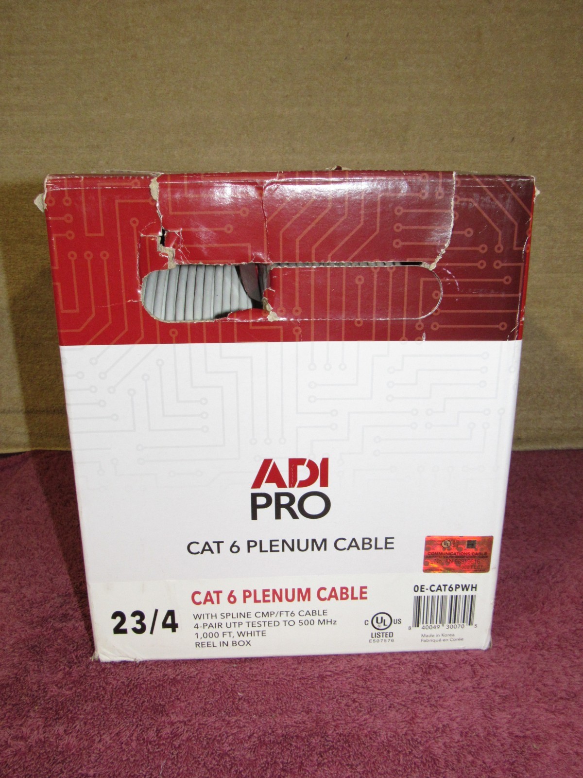 Adi Pro Cat 6 Plenum Cable 23/4 1000 FT CAT6 PWH White 500mHz NETWORK DATA CL3P