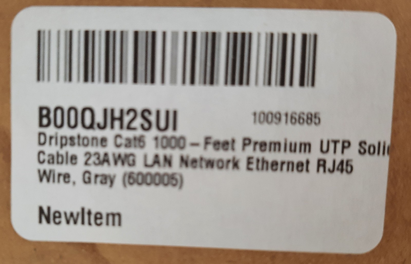 Dripstone 1000 Ft Roll CAT6 UTP Cable 4Pair 23AWG 1/0.57mm CCA PVC Jacket Gray