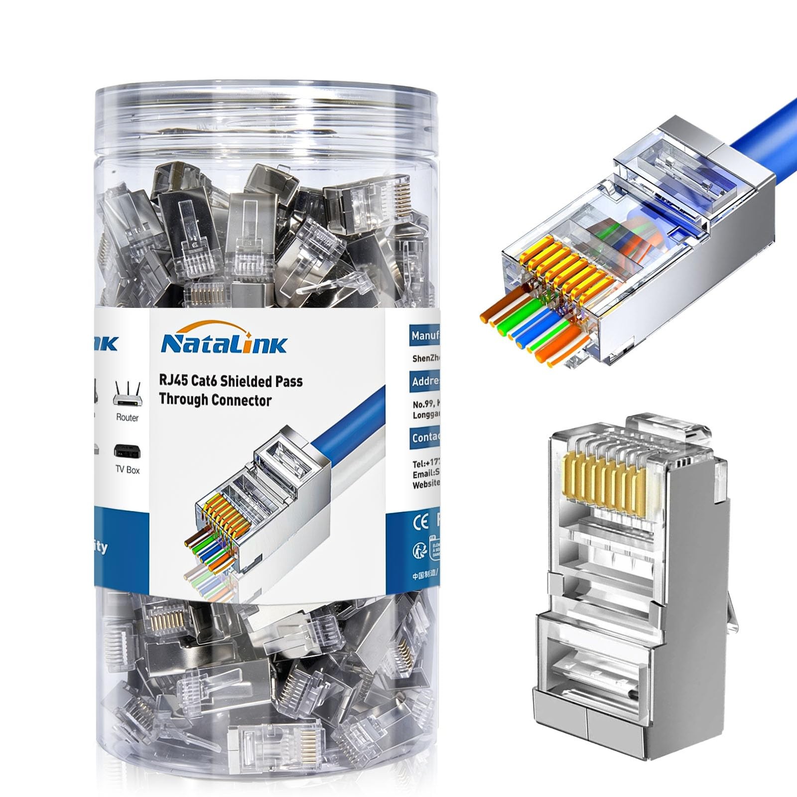 Cat 6 Shielded Pass Through RJ45 Connectors Gold Plated Ethernet Ends 200 PCS