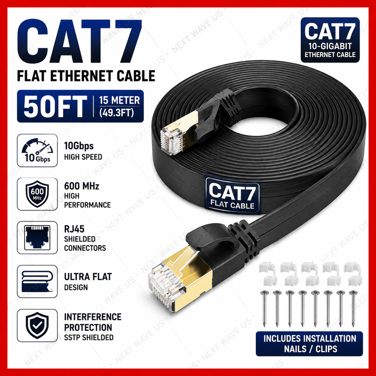 15m Cat7 Flat Ethernet Cable RJ45 10Gbps 600MHz Shielded + Clips/Nails