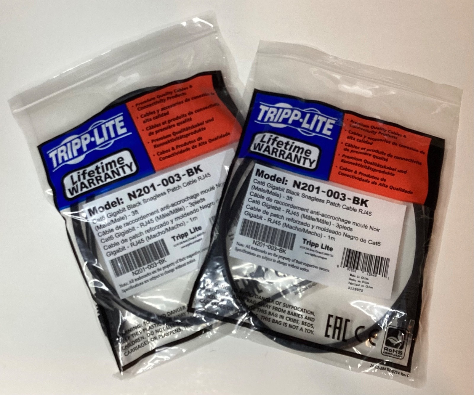 NEW 2X TRIPP LITE N201-003-BK 3FT. CAT6 MALE TO MALE SNAGLESS PATCH RJ45 CABLES