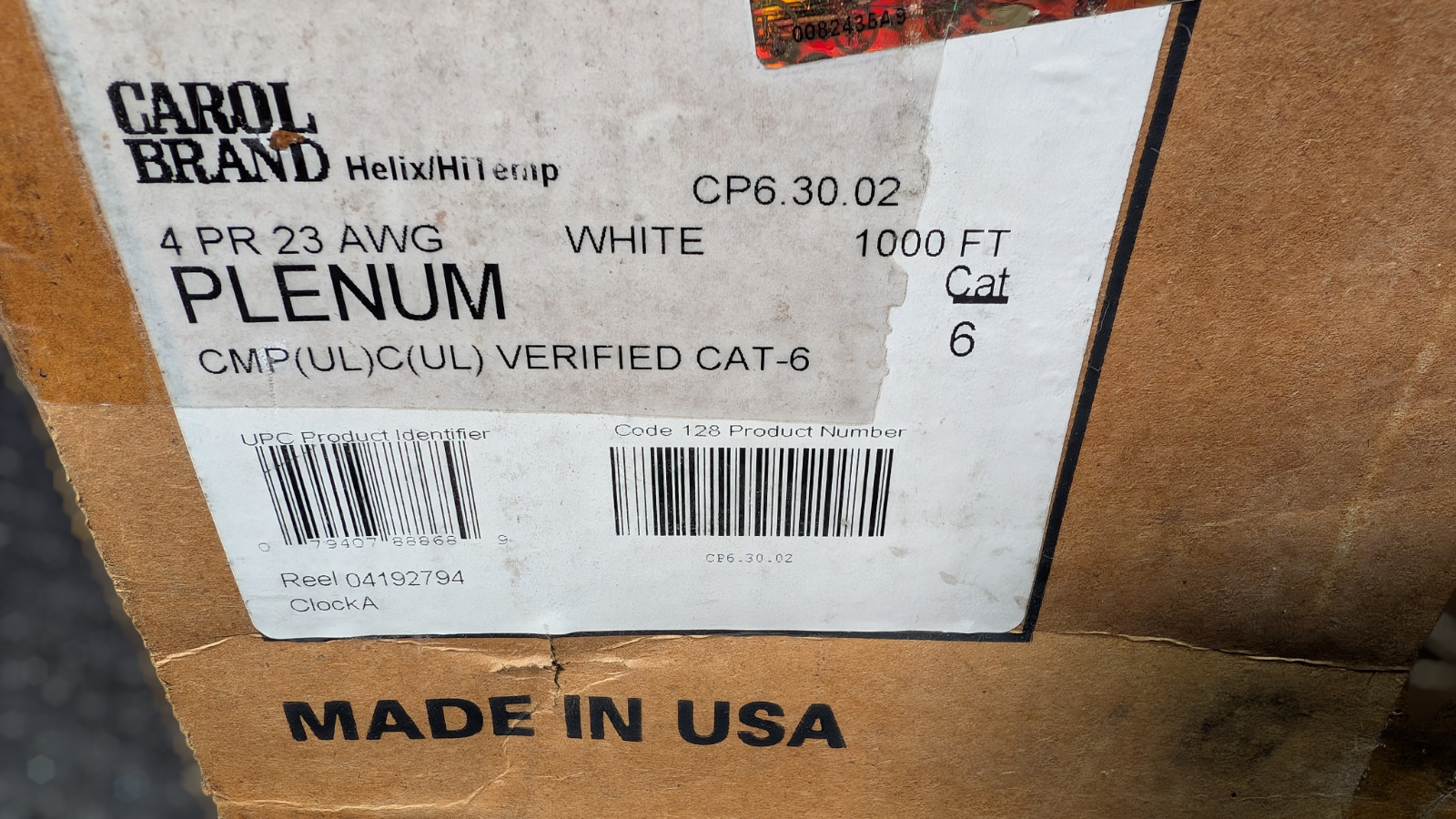 Carol Brand Helix/HiTemp Cat 6 23Awg CMP Plenum White 998ft