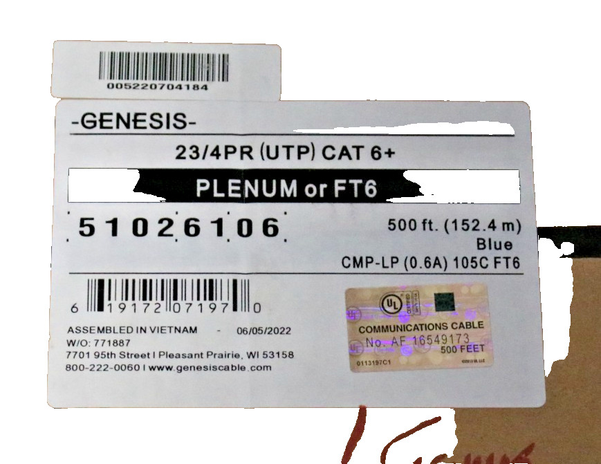 CAT6 Plenum Ethernet Cable, UNKNOWN FOOTAGE, 23AWG 550MHz UTP Blue