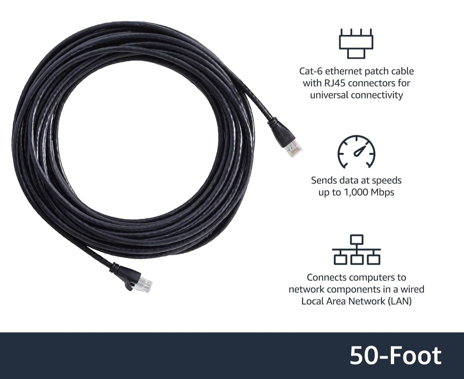 50ft Cat6 Ethernet Cable RJ45 1Gbps High Speed Internet LAN Patch Cord Black New