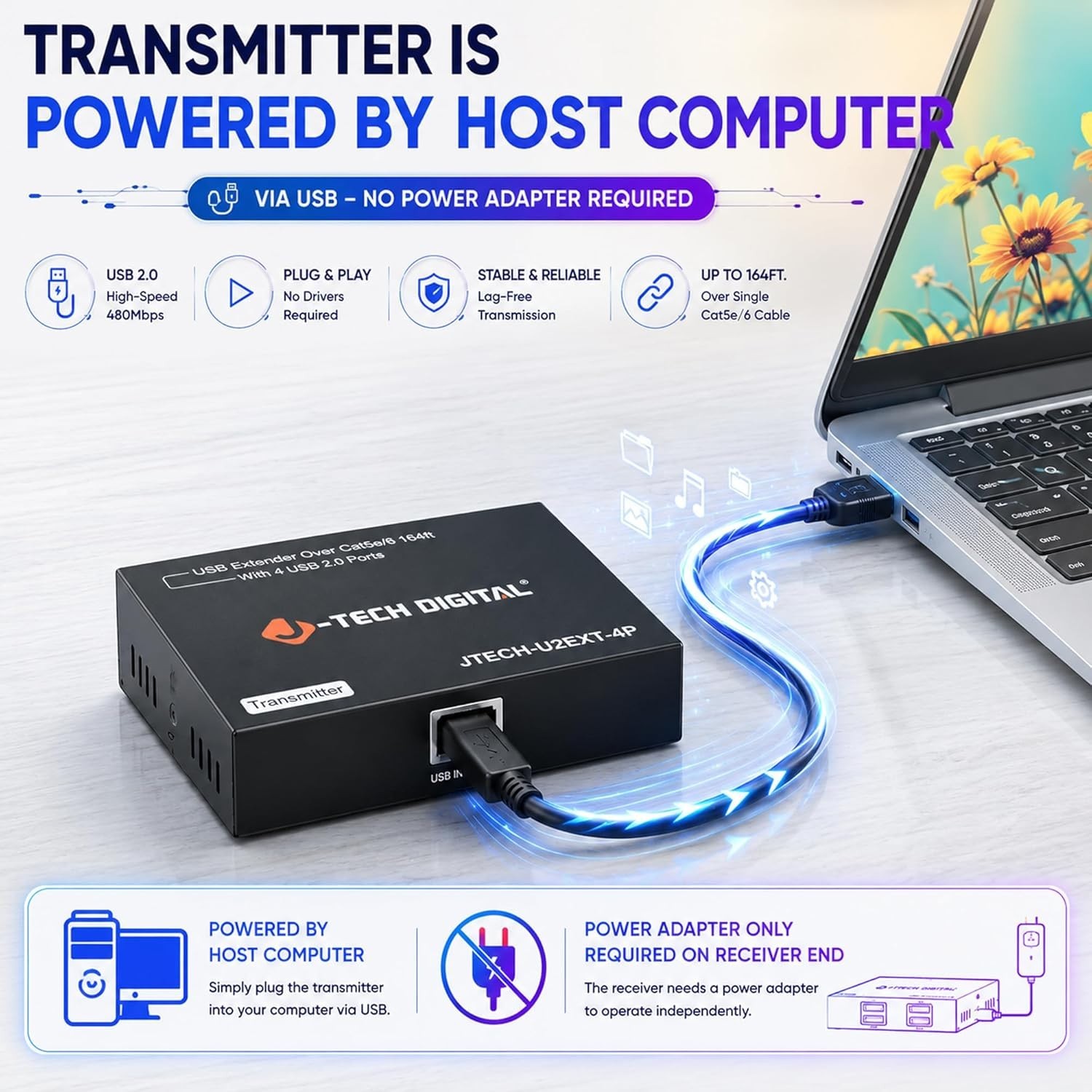 J-Tech Digital USB 2.0 Extender Over Single Cat5e/6 Ethernet 164ft, T8-7