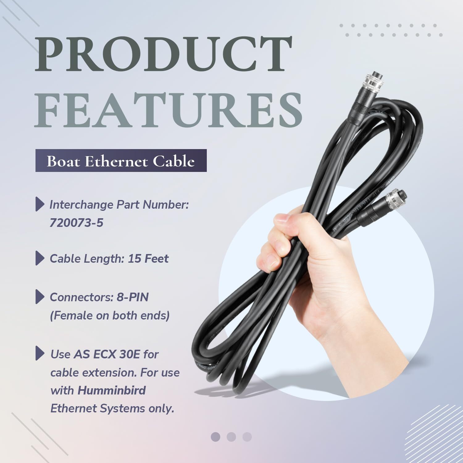 720073-5 15FT Boat Ethernet Cable AS EC 15E Ethernet Cord Replace for Humminbird