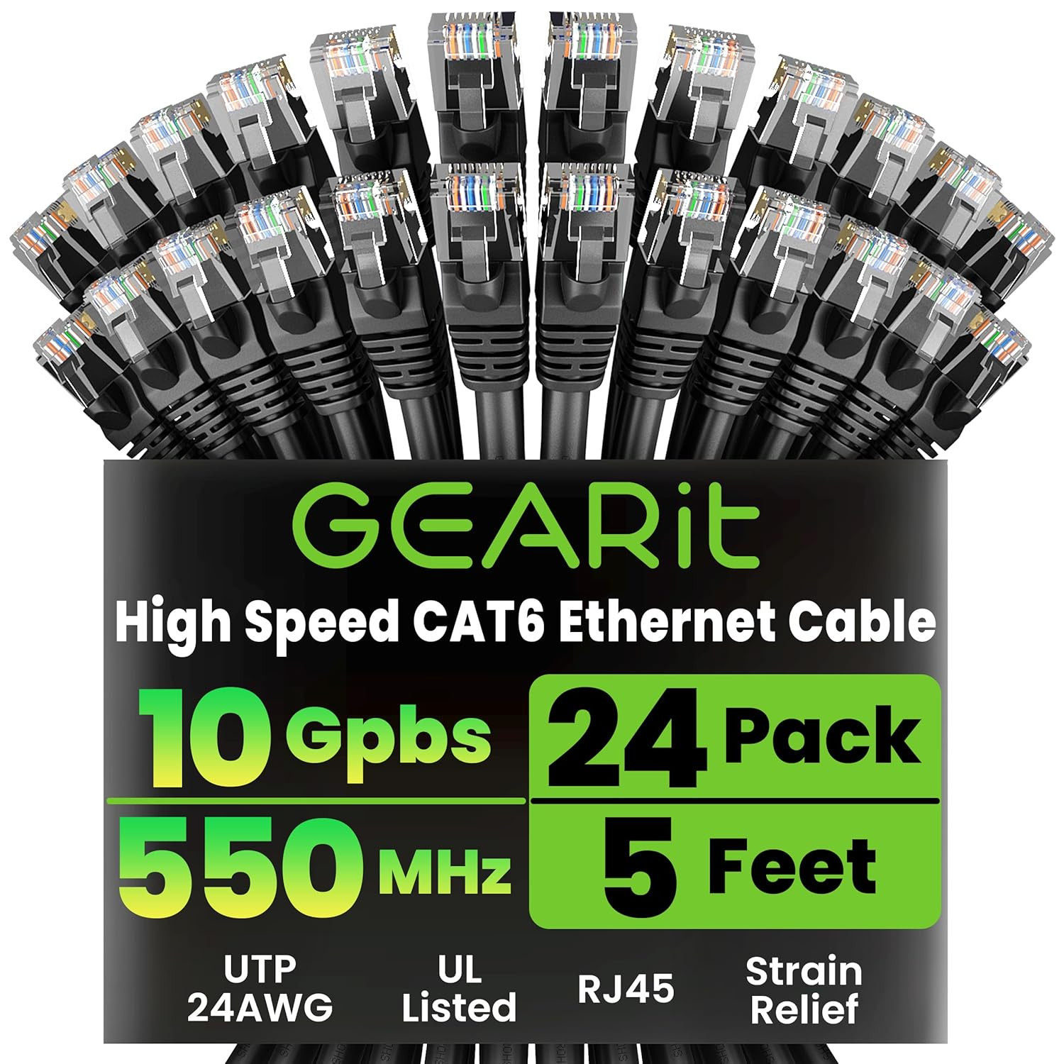 Cat 6 Ethernet Patch Cables 5 Ft Black (Cat 6 Ethernet Cables 5 Ft 24-Pack), CAT