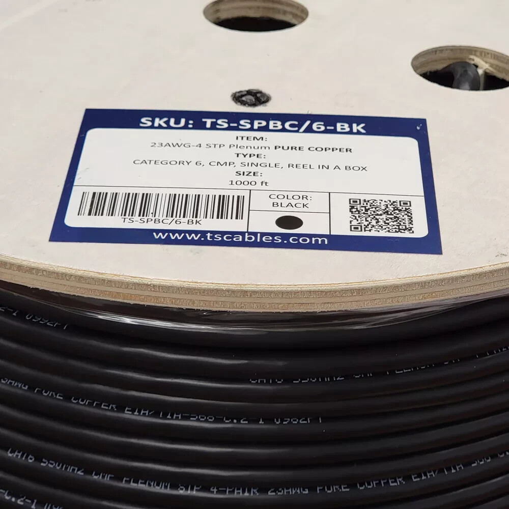 TSCables Cat6 PLENUM SHIELDED F/UTP 100% PURE COPPER 550Mhz 1000FT CABLE BLACK
