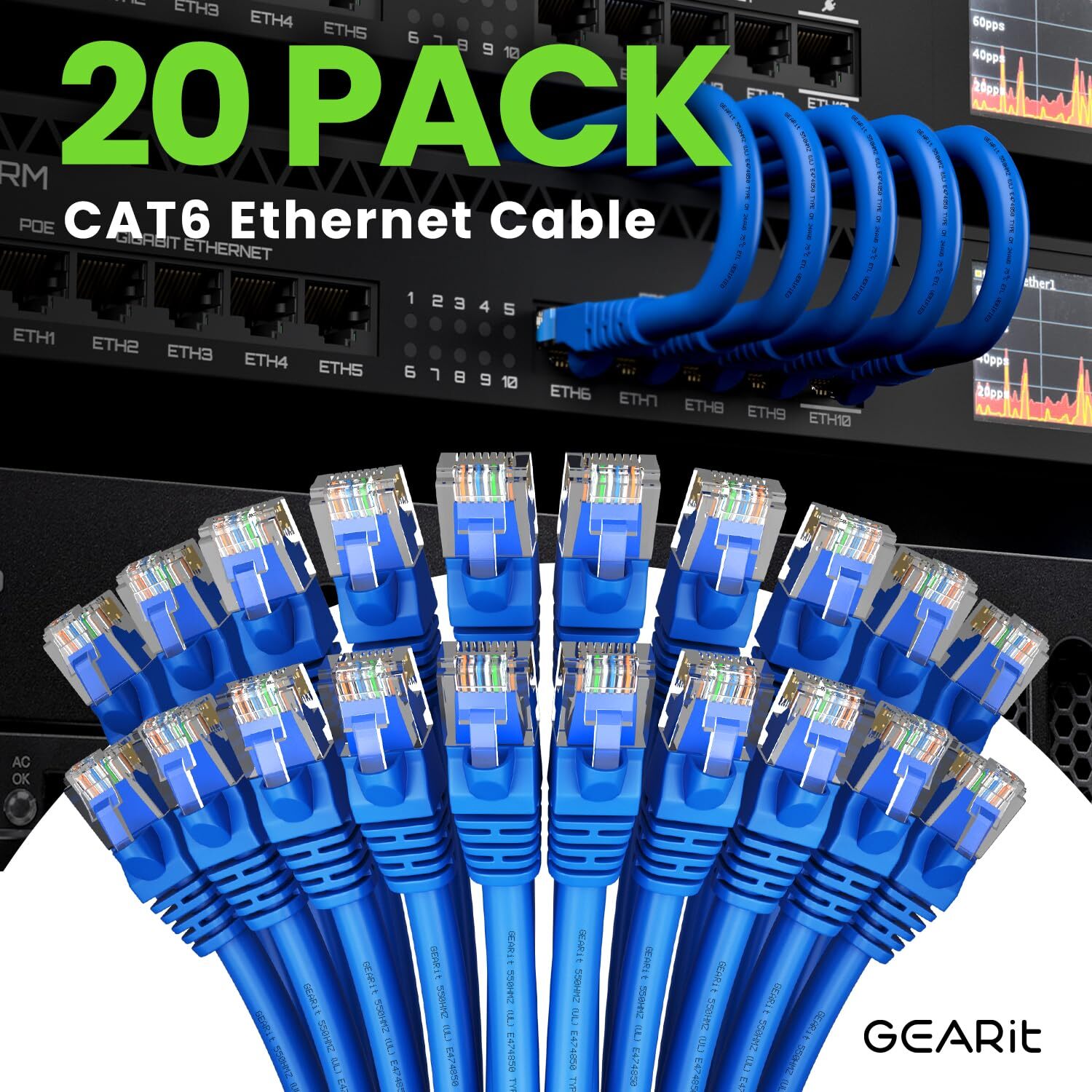 20-Pack 1 Foot Cat 6 Ethernet Network Patch Cable 10Gbps RJ45 Blue