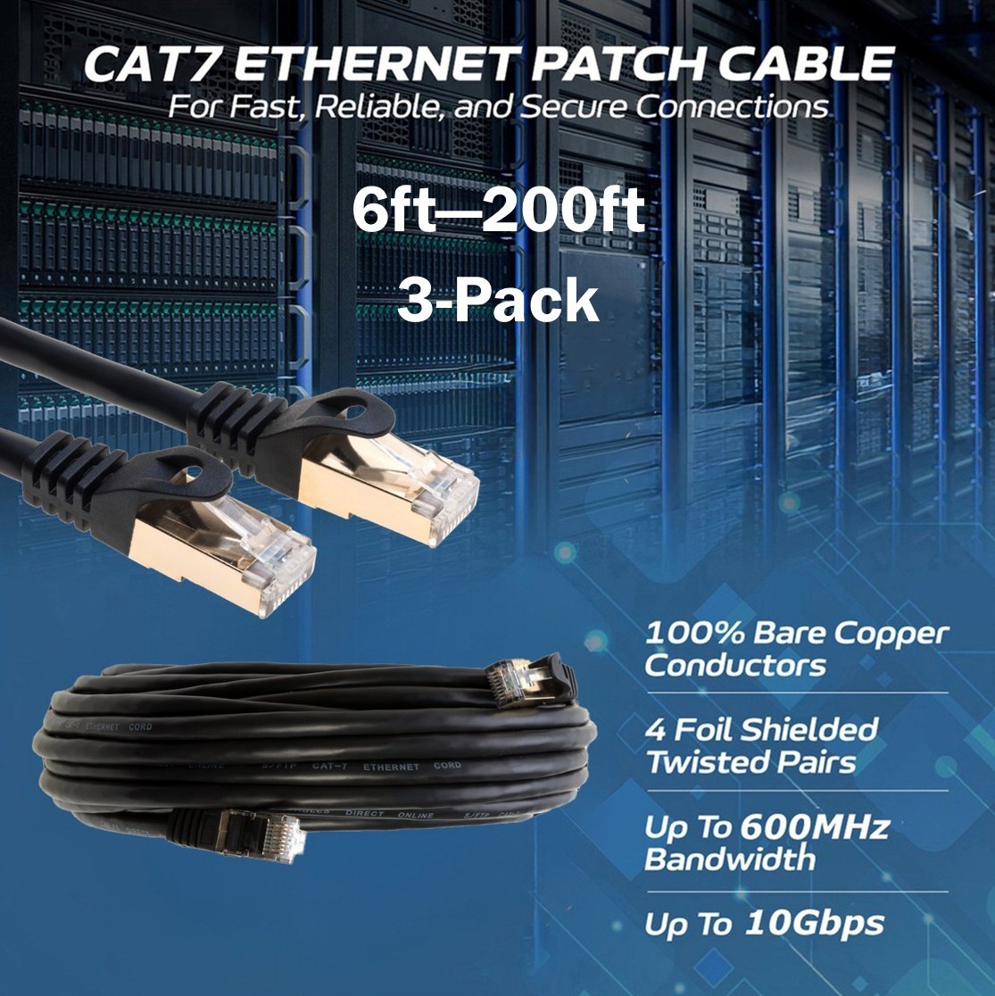 3-Pack CAT7 S/FTP Ethernet Patch Cord 600MHz Network Cable 6FT-200FT Black Lot
