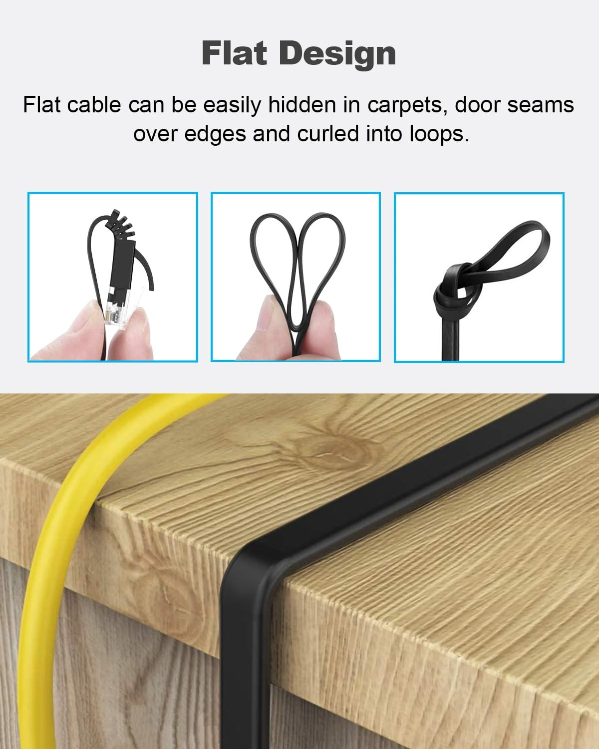 CAT 6 Ethernet Cable 7ft 6 Pack Black Flat Gigabit Network LAN Patch Cord
