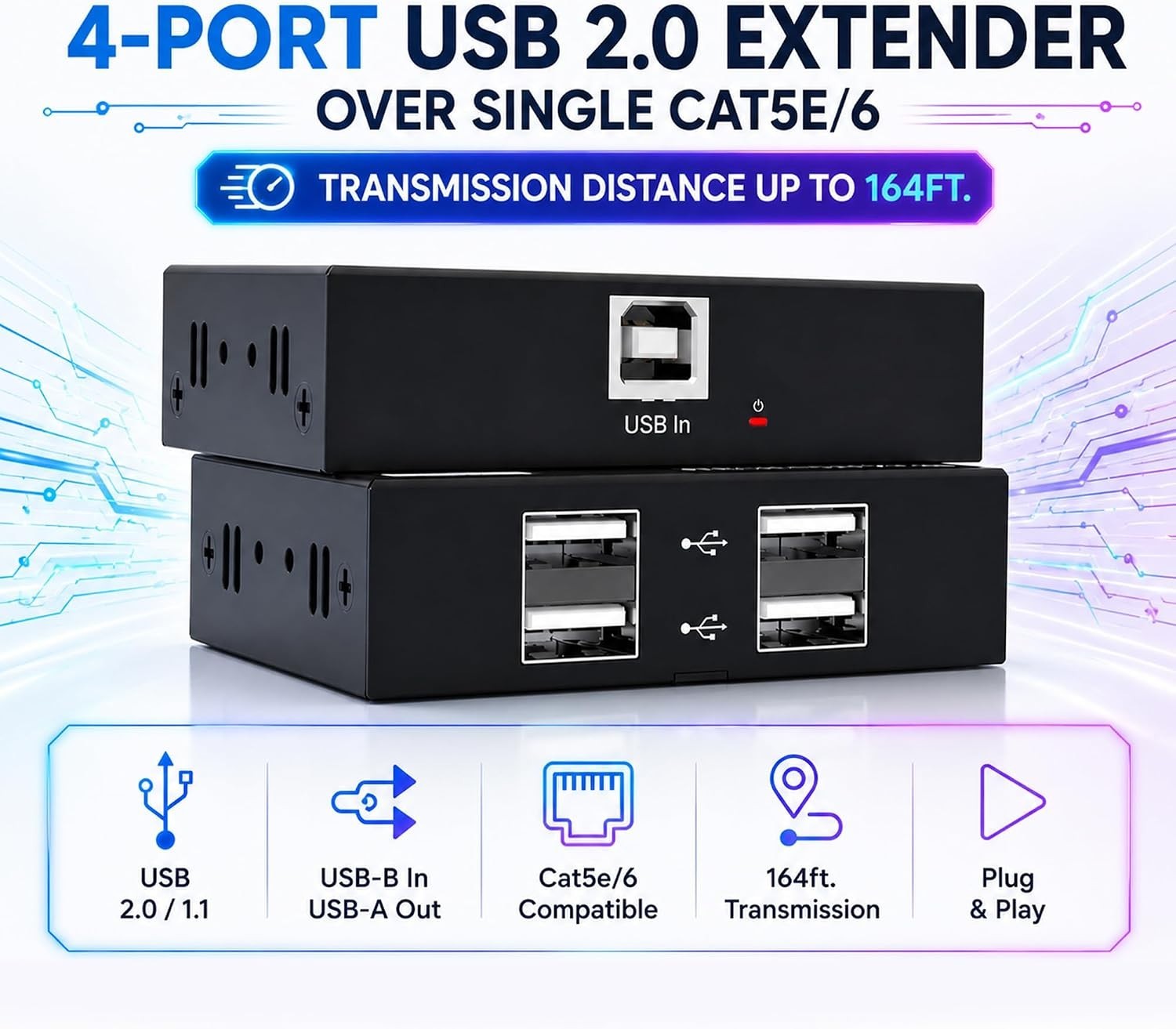 J-Tech Digital USB 2.0 Extender Over Single Cat5e/6 Ethernet 164ft, T8-7