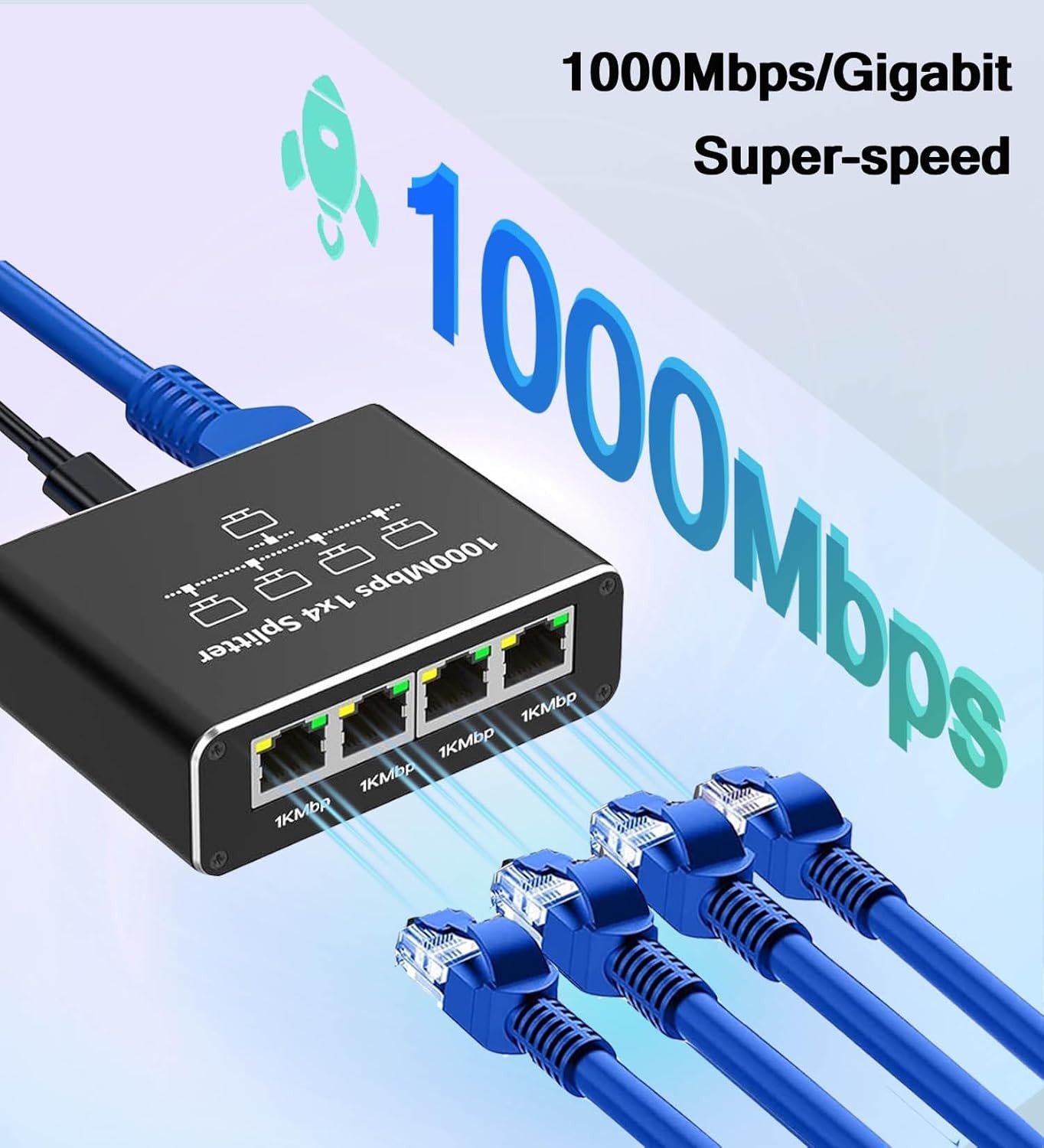 Gigabit Ethernet Splitter 1 to 4 Port USB Powered, Compact Aluminum RJ45 Adapter