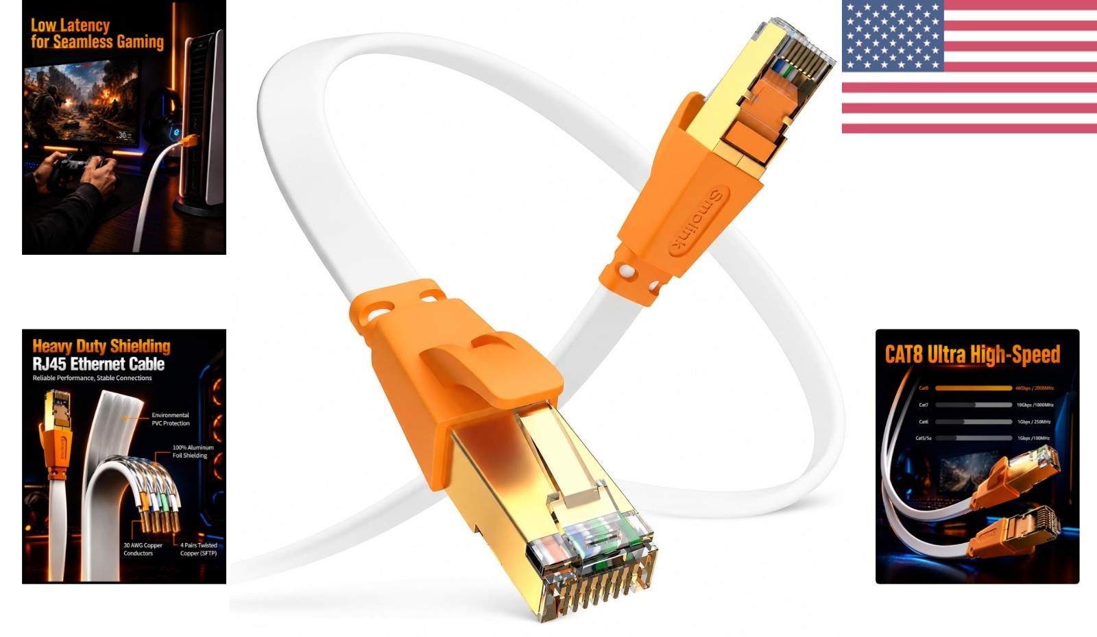 Professional 15 FT Cat 8 Internet Cable, Gold Plated RJ45, Tangle-Free Design