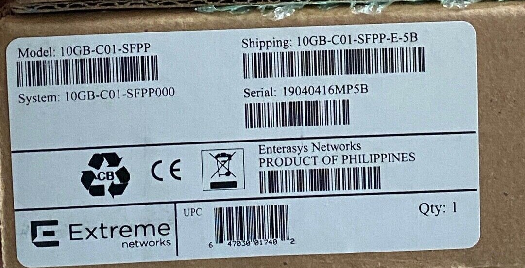 Extreme Networks 10GB-C01-SFPP 1 Meter New in Box STP