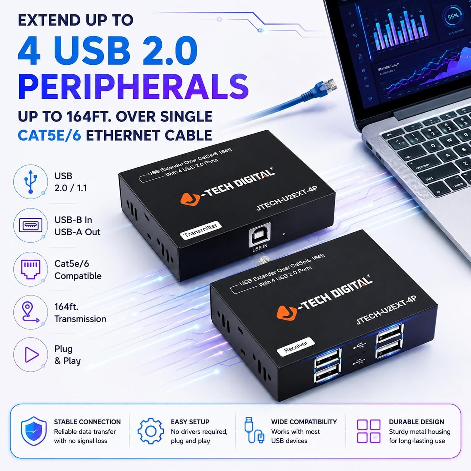 J-Tech Digital USB 2.0 Extender Over Single Cat5e/6 Ethernet 164ft, T8-7