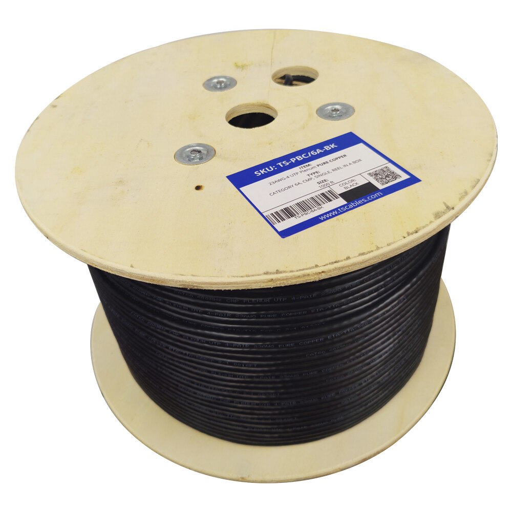 Cat6A Plenum (CMP) 1000ft, 23AWG 100% Bare Copper Ethernet Cable, UTP Black