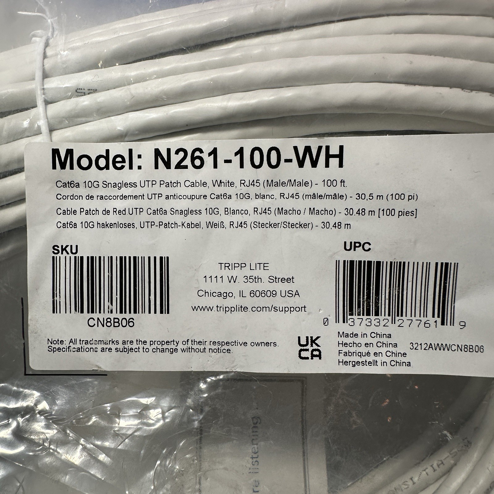 Tripp Lite Cat6a 10G Snagless Molded UTP Ethernet Cable 100ft N261-100-WH