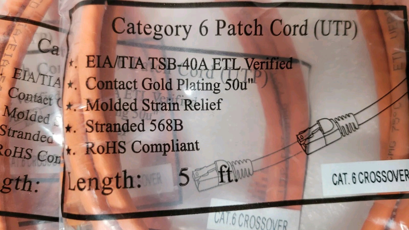 Lot of 10 CAT6 Patch Cord UTP EIA/TIA TSB 40A Contact Gold Plated 50u 5ft Orange