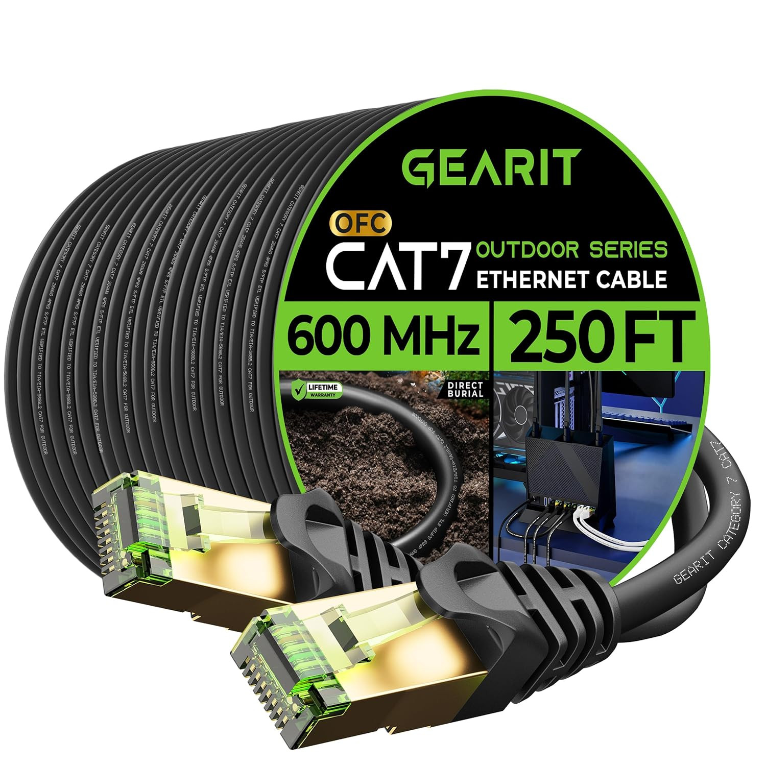 250Ft Cat7 Outdoor Ethernet Cable – Waterproof, Direct Burial, Pure Copper