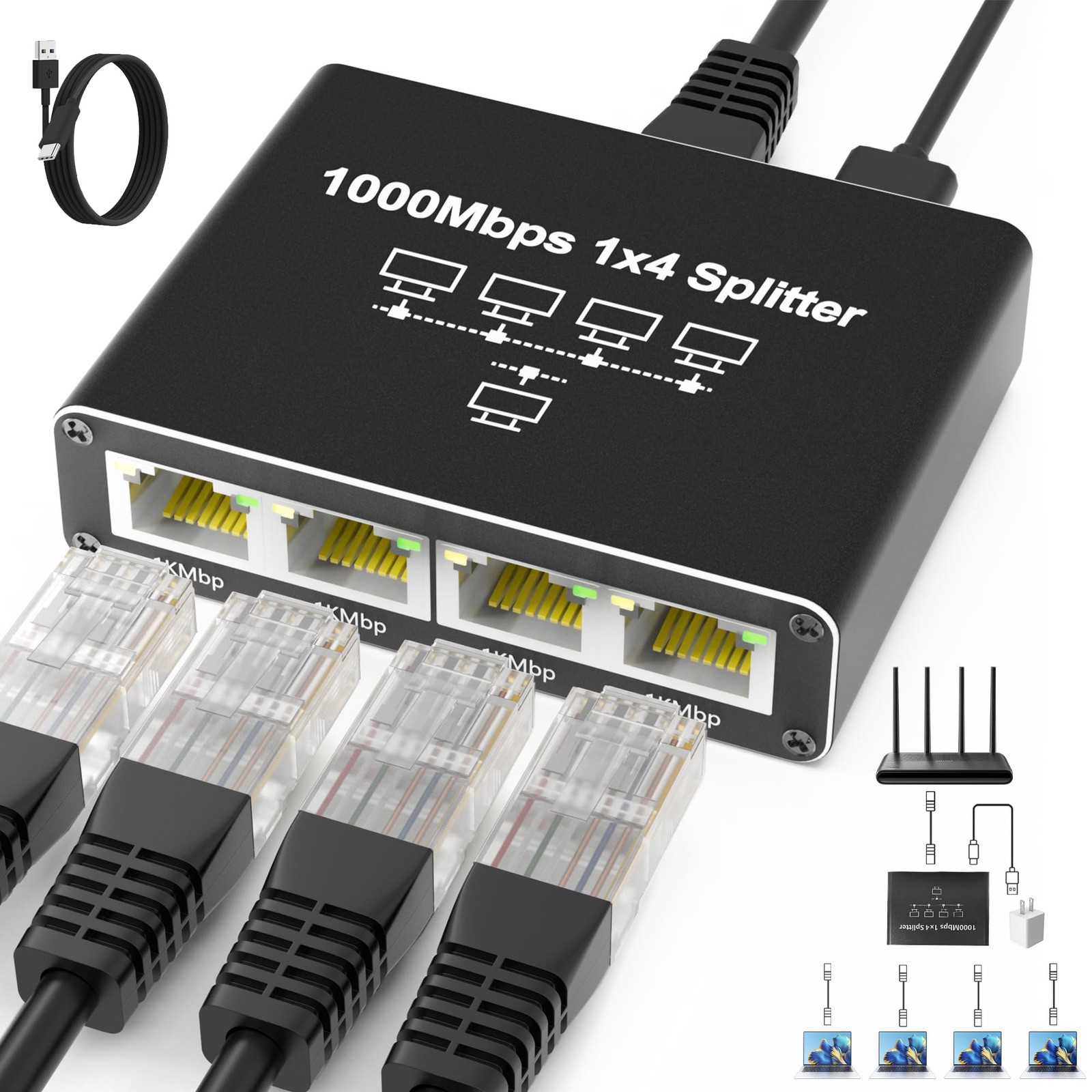 RJ45 Gigabit Ethernet Splitter 1000Mbps LAN Network Internet 1 to 4 Out Adapter