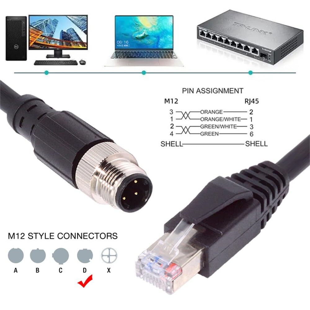 M12 4 Pin D Coded Male to RJ45 Male Cat5e Ethernet Cable 1M IP67 LAN Patch