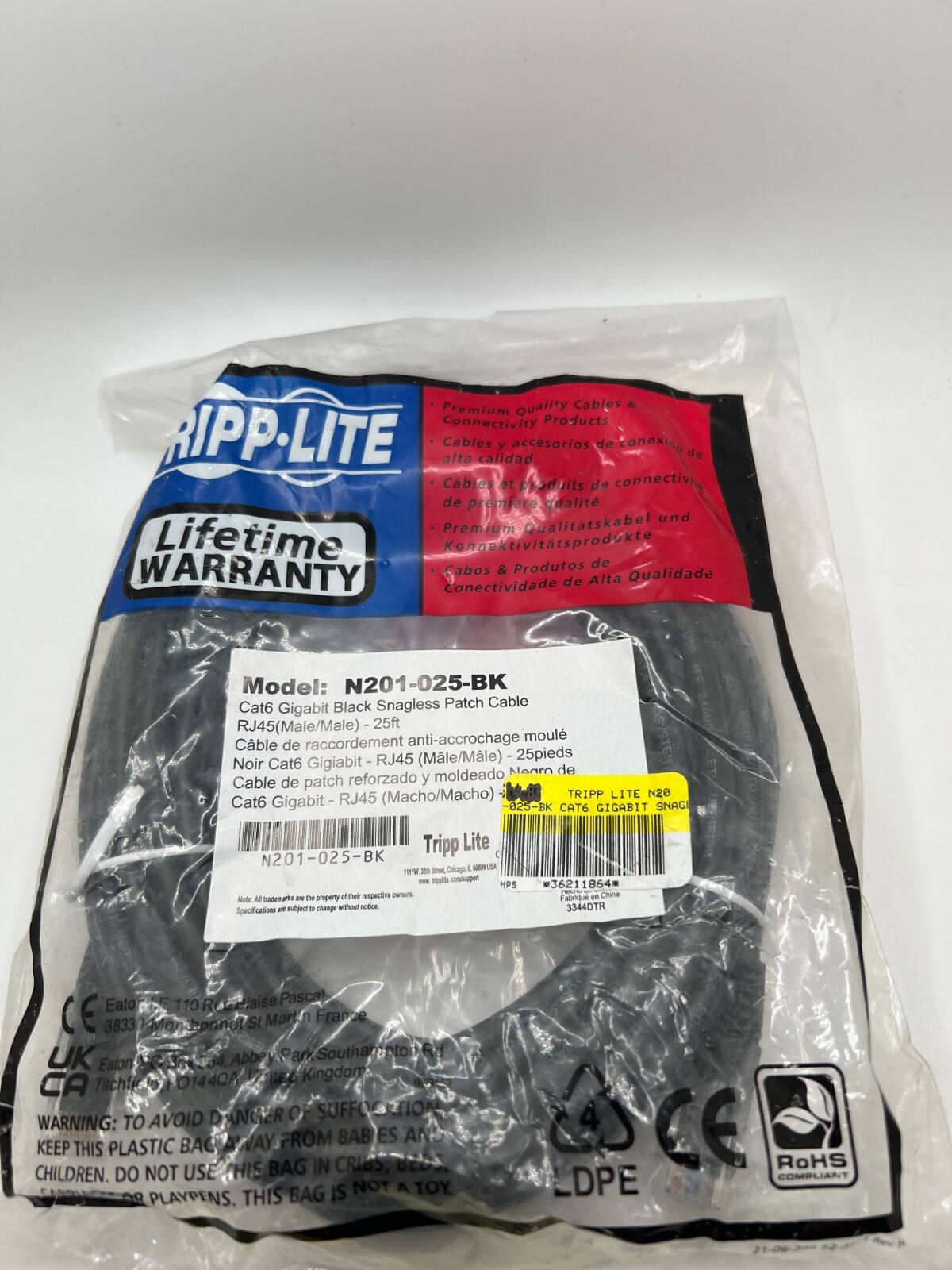 Tripp Lite Cat6 Gigabit Snagless Patch Cable (RJ45 M/M) 15 Ft N201-025-BK