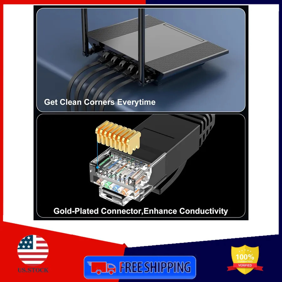 Cat 6 Flat Ethernet Cable 100ft 10Gbps Black High Speed RJ45 Network Patch Cord