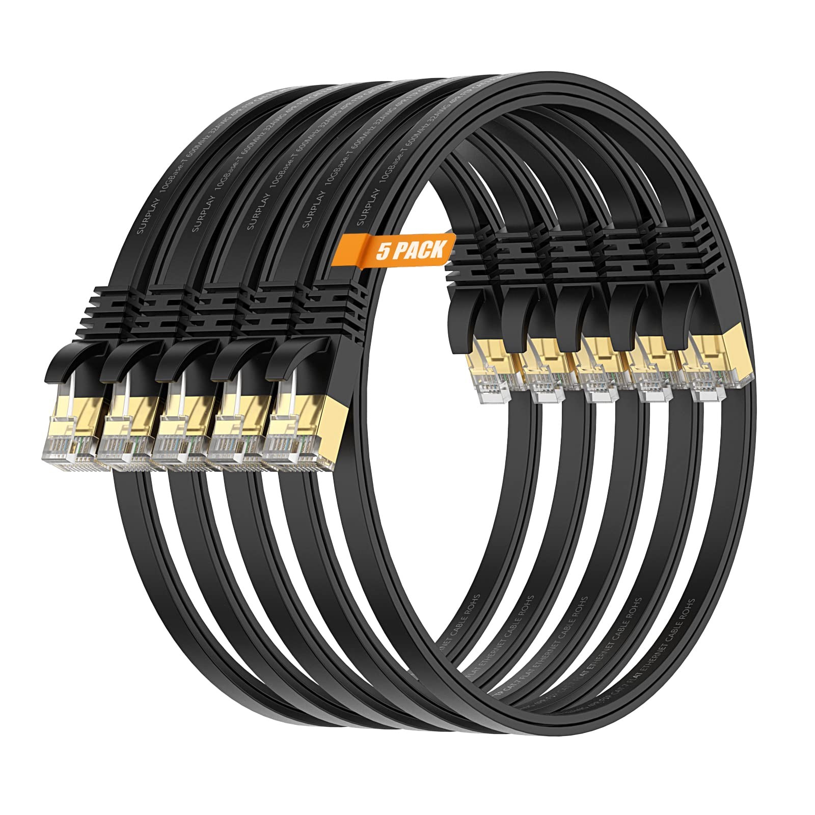 Cat7 3FT-5Pack Ethernet Cable Flat-Black-10Gbps High Speed Ultra Slim Network…