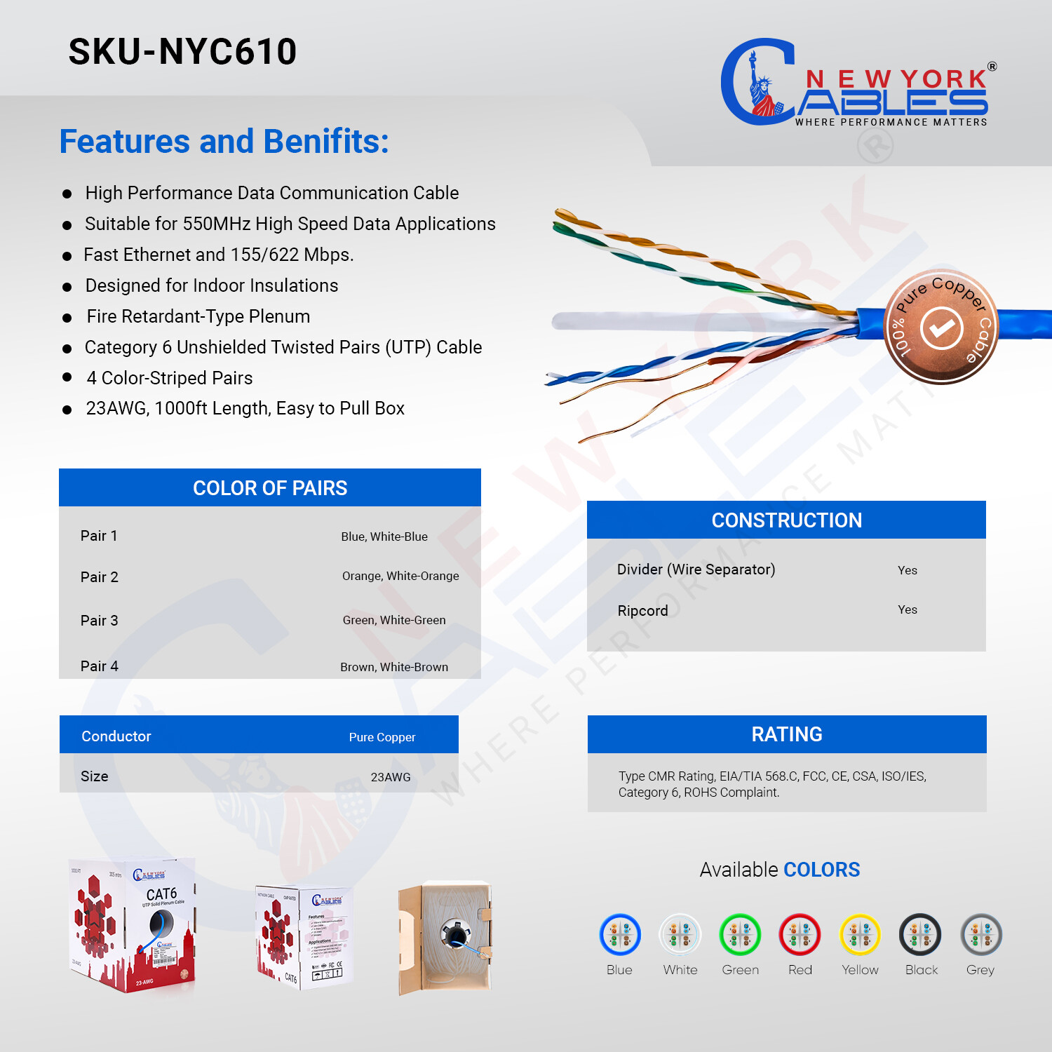 Cat6 Plenum Cable 1000ft Solid Copper 23AWG UTP Bulk Internet Cable Lan Black