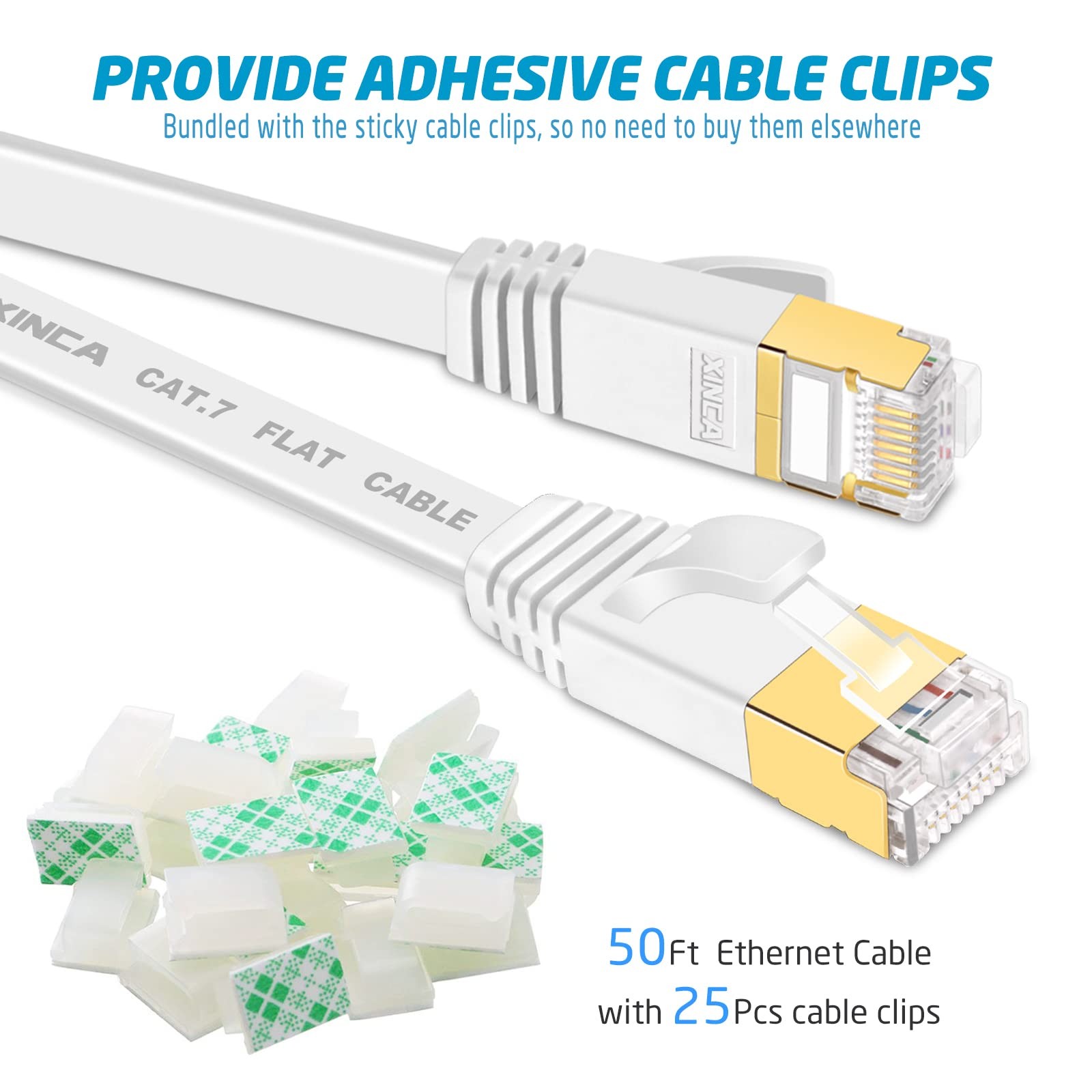 Cat 7 Flat Ethernet Cable 50ft White, High Speed 10GB Shielded (STP) LAN Inte…