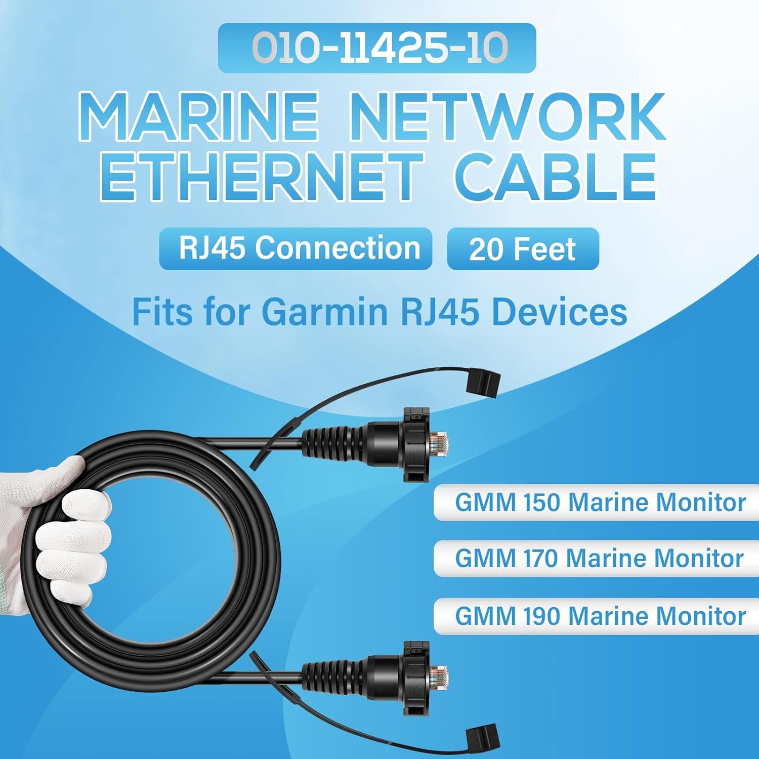 20 Feet Marine Network Cable 010-11425-10 for Garmin RJ-45, GPSMAP, ECHOMAP Plus