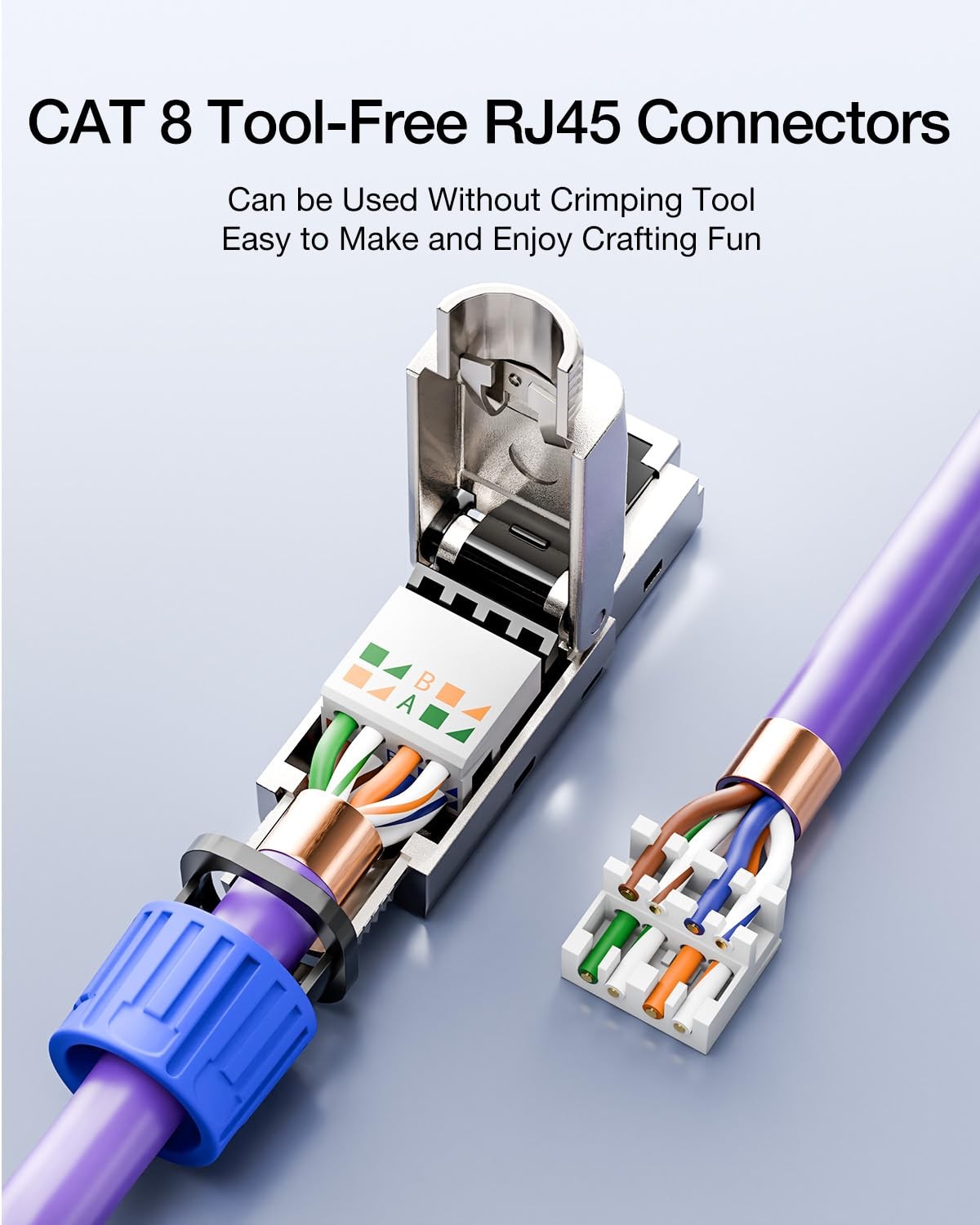 Cat8 Toolless RJ45 Connector 2 Pack Gold Plated Shielded for 22-24AWG Cable