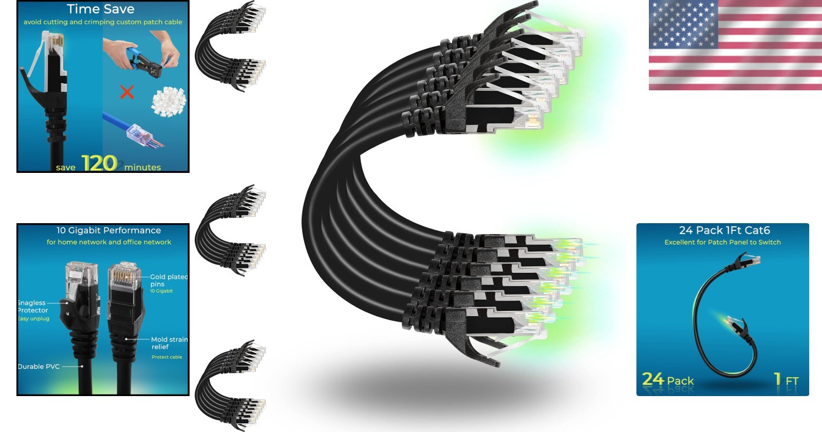 Rapink Patch Cables Cat8 1ft 24 Pack Slim, Ethernet 1ft, Black